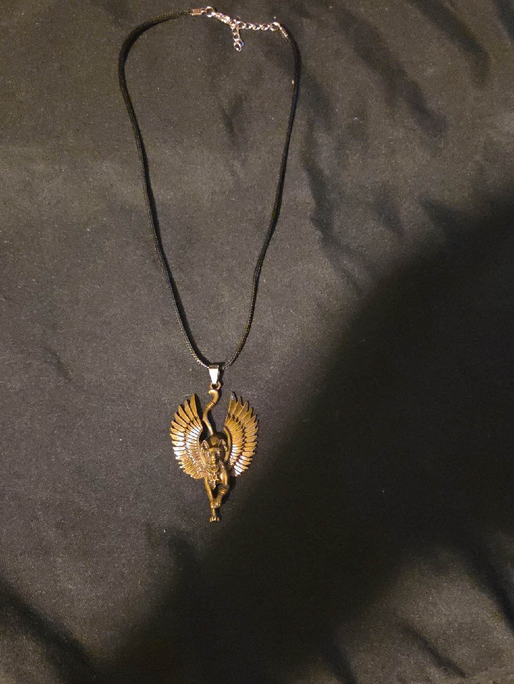 Bronze toned Winged Egyptian Pendant Necklace on Black cord